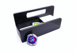 The Garage Style deck box with handle in black with white door and tray with Shark Scale, Hover Wyvern, and Emperor Blast against a white background