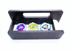 The Garage Style deck box with handle in black with white door and tray with Shark Scale, Hover Wyvern, and Emperor Blast against a white background