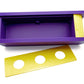 The Beyblade X Garage Door style deckbox from Momo's Models shown in purple and yellow color scheme. The inside panel is taken out to show the inside storage space. With everything against a white background