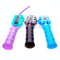 The Beyblade X Full Grip Handle shown on 2 string launchers and one rip corp launcher. Colors of the handles shown are purple, black, and sky blue on their similar color launchers while against a white background.