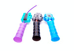 The Beyblade X Full Grip Handle shown on 2 string launchers and one rip corp launcher. Colors of the handles shown are purple, black, and sky blue on their similar color launchers while against a white background.
