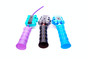 The Beyblade X Full Grip Handle shown on 2 string launchers and one rip corp launcher. Colors of the handles shown are purple, black, and sky blue on their similar color launchers while against a white background.