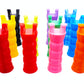All the Beyblade X Full Grip Handles in the available colors, options shown are red, cherry, pink, orange, yellow, lime, green, sky blue, blue, purple, white, and black