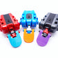 The Beyblade X Launcher Tab displayed in 3 colors, sky blue, orange, and purple, on different colored string launchers against a white background
