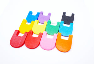 All color options for the Beyblade X Launcher Tabs, red, cherry, pink, orange, yellow, lime, green, sky blue, blue, purple, white, black