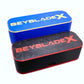 Two Beyblade X Deckboxes from Momo's Models shown in the blue/gold and black/red color combinations against a white background