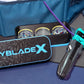 The Beyblade X Deckbox from Momo's Models shown in Black and Sky Blue with the Samurai Calibur and Cobalt Dragoon in the case. Next to a Takara Tomy stadium and teal launcher with a Slip Grip