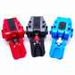 The Thumb Tab or thicc boi launcher attachment on 3 different string launchers for Beyblade X, colors shown are red, black, and sky blue against a white background