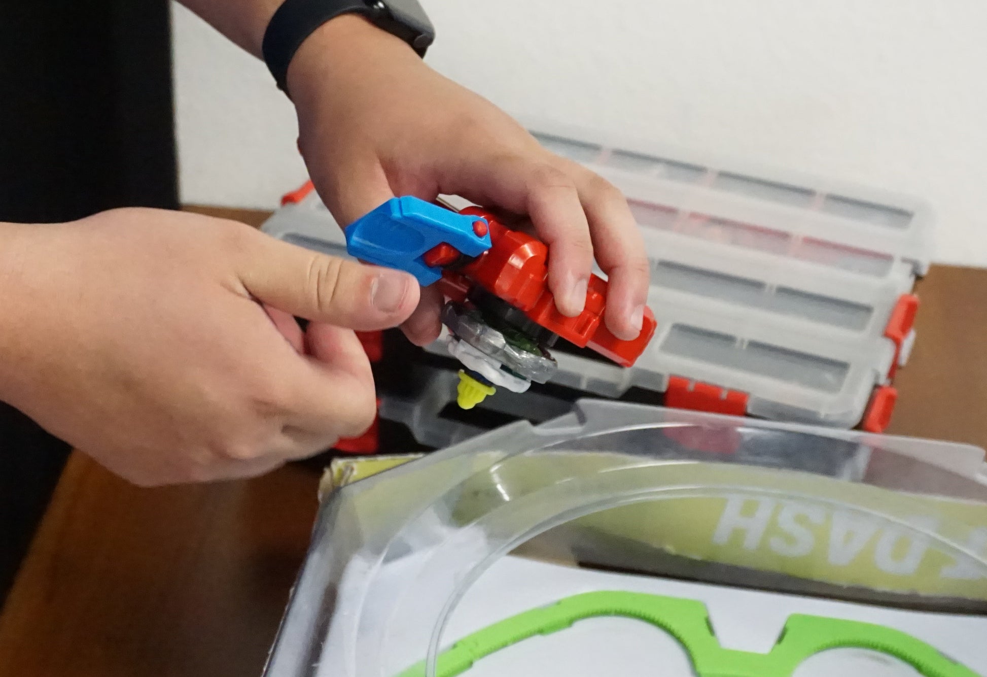My friend using the sky blue Thumb Tab with his red string launcher at one of our local Beyblade X tournaments