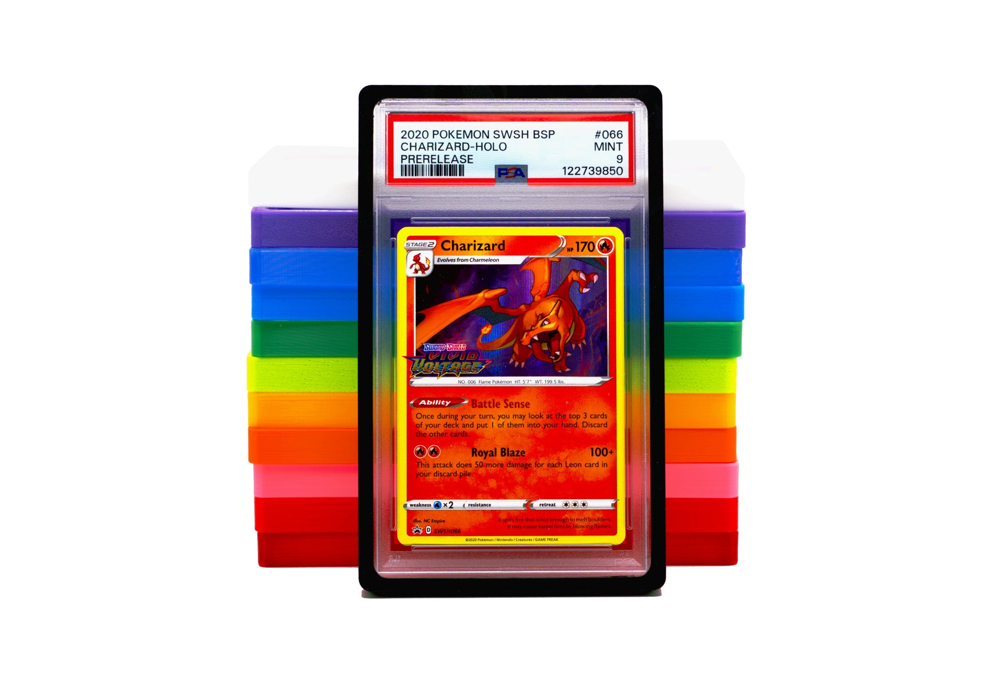 PSA Card Slab Protector in black with Charizard from the Pokemon TCG. With the rest of the 11 colors shown behind it in a stack against a white background.
