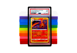 PSA Card Slab Protector in black with Charizard from the Pokemon TCG. With the rest of the 11 colors shown behind it in a stack against a white background.