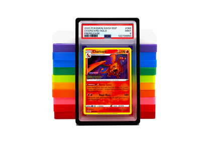 PSA Card Slab Protector in black with Charizard from the Pokemon TCG. With the rest of the 11 colors shown behind it in a stack against a white background.