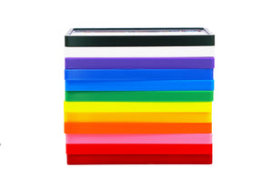 All 12 of the color options of the PSA Card Slab Protector shown. This includes Red, Cherry, Pink, Orange, Yellow, Lime, Green, Sky Blue, Blue, Purple, White, Black