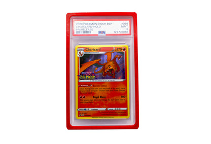 The red PSA Card Slab Protector shown with Charizard from the Pokemon TCG in it against a white background