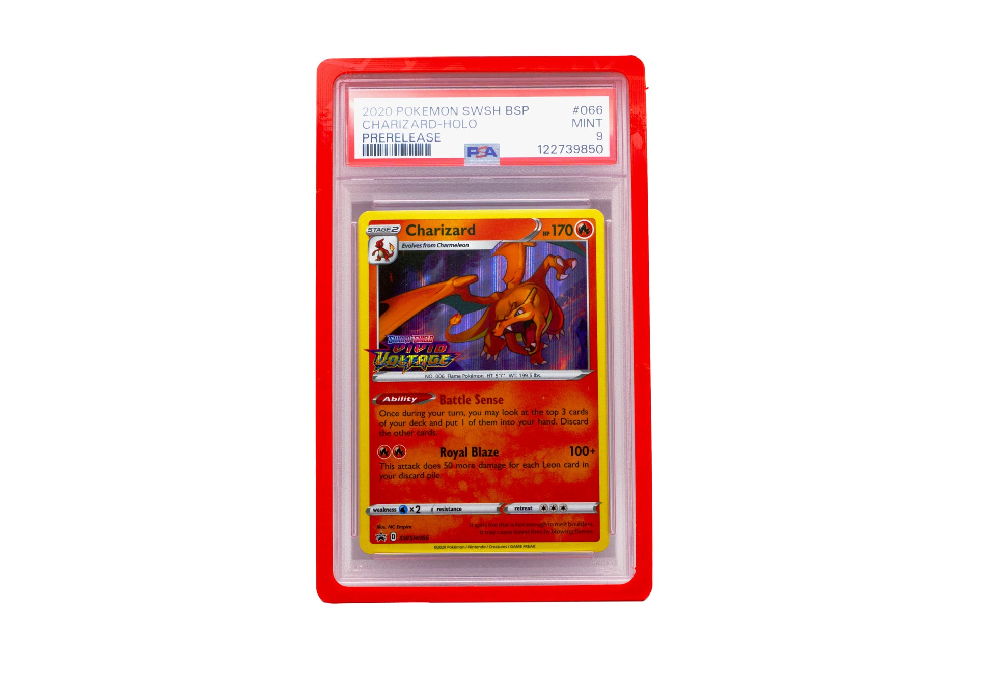 The cherry PSA Card Slab Protector shown with Charizard from the Pokemon TCG in it against a white background