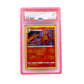 The pink PSA Card Slab Protector shown with Charizard from the Pokemon TCG in it against a white background