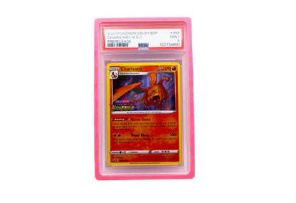 The pink PSA Card Slab Protector shown with Charizard from the Pokemon TCG in it against a white background