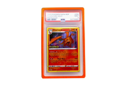 The orange PSA Card Slab Protector shown with Charizard from the Pokemon TCG in it against a white background