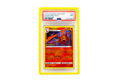 The yellow PSA Card Slab Protector shown with Charizard from the Pokemon TCG in it against a white background