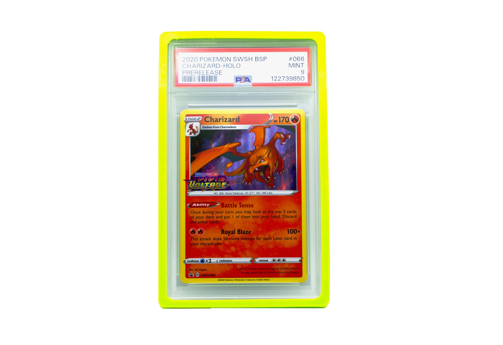 The lime PSA Card Slab Protector shown with Charizard from the Pokemon TCG in it against a white background