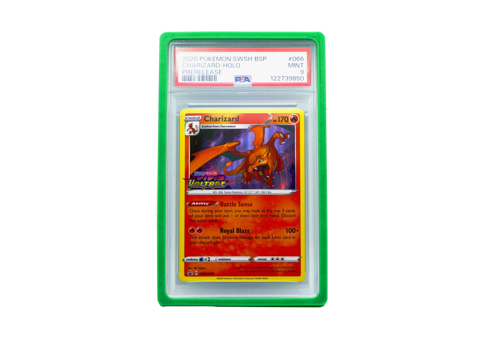 The green PSA Card Slab Protector shown with Charizard from the Pokemon TCG in it against a white background