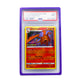 The purple PSA Card Slab Protector shown with Charizard from the Pokemon TCG in it against a white background