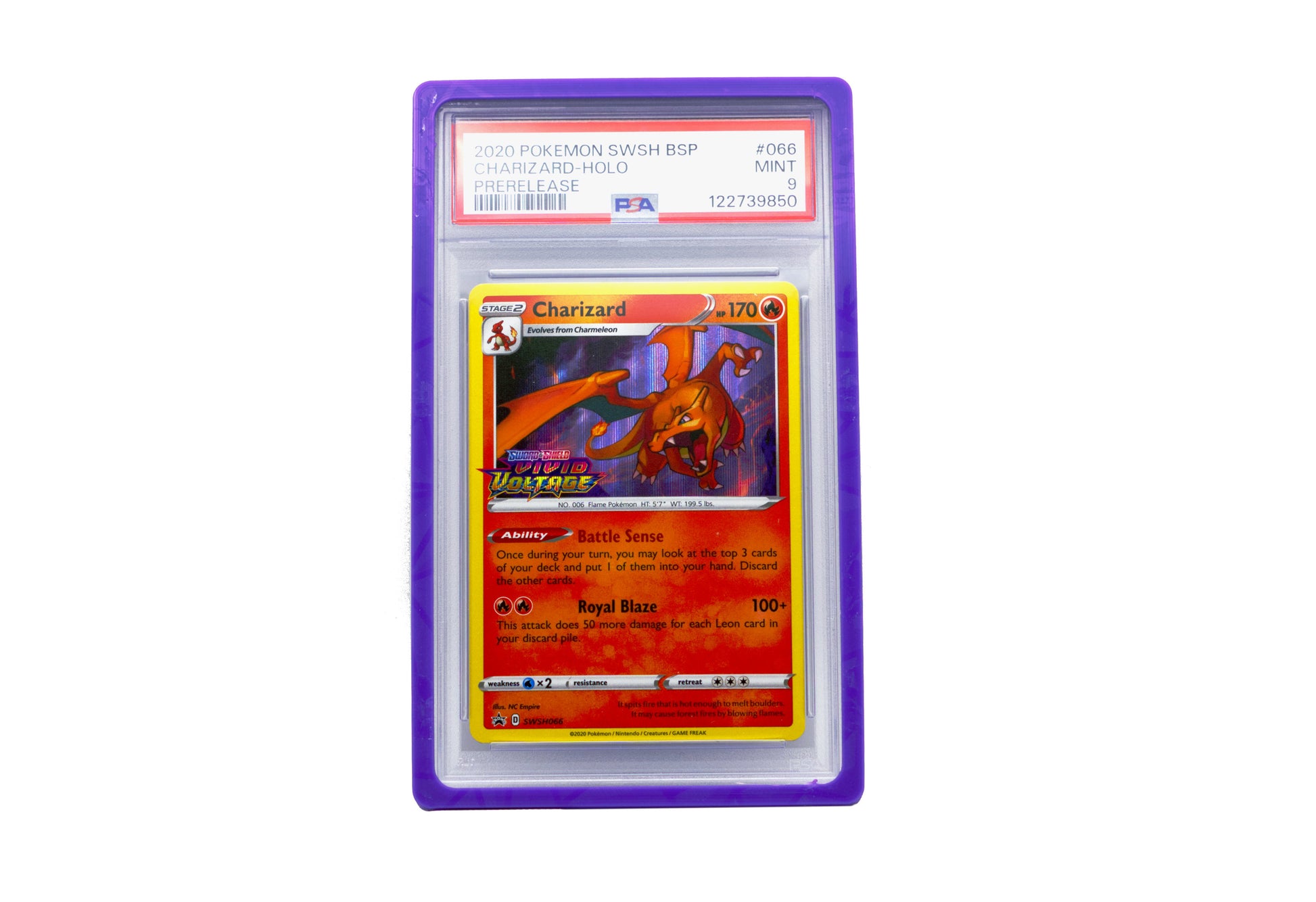 The purple PSA Card Slab Protector shown with Charizard from the Pokemon TCG in it against a white background