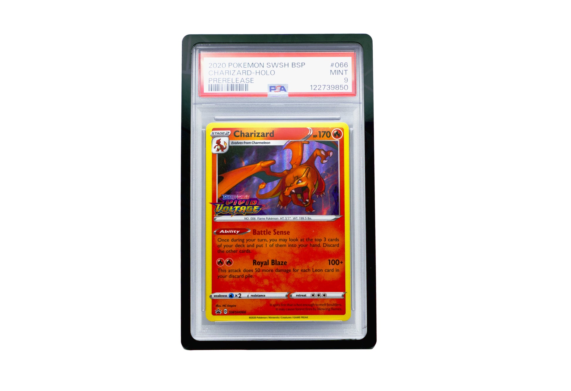The black PSA Card Slab Protector shown with Charizard from the Pokemon TCG in it against a white background