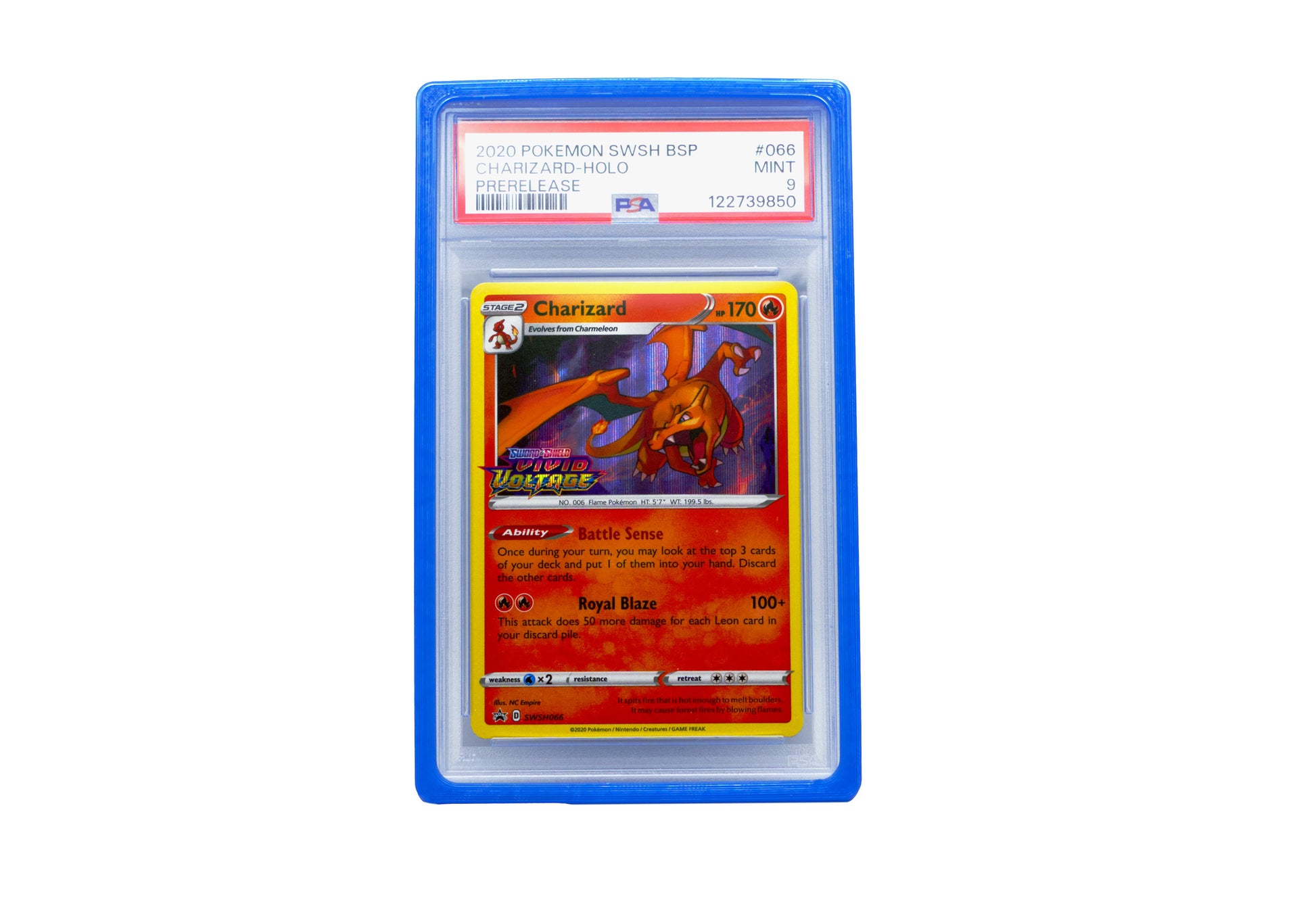The blue PSA Card Slab Protector shown with Charizard from the Pokemon TCG in it against a white background