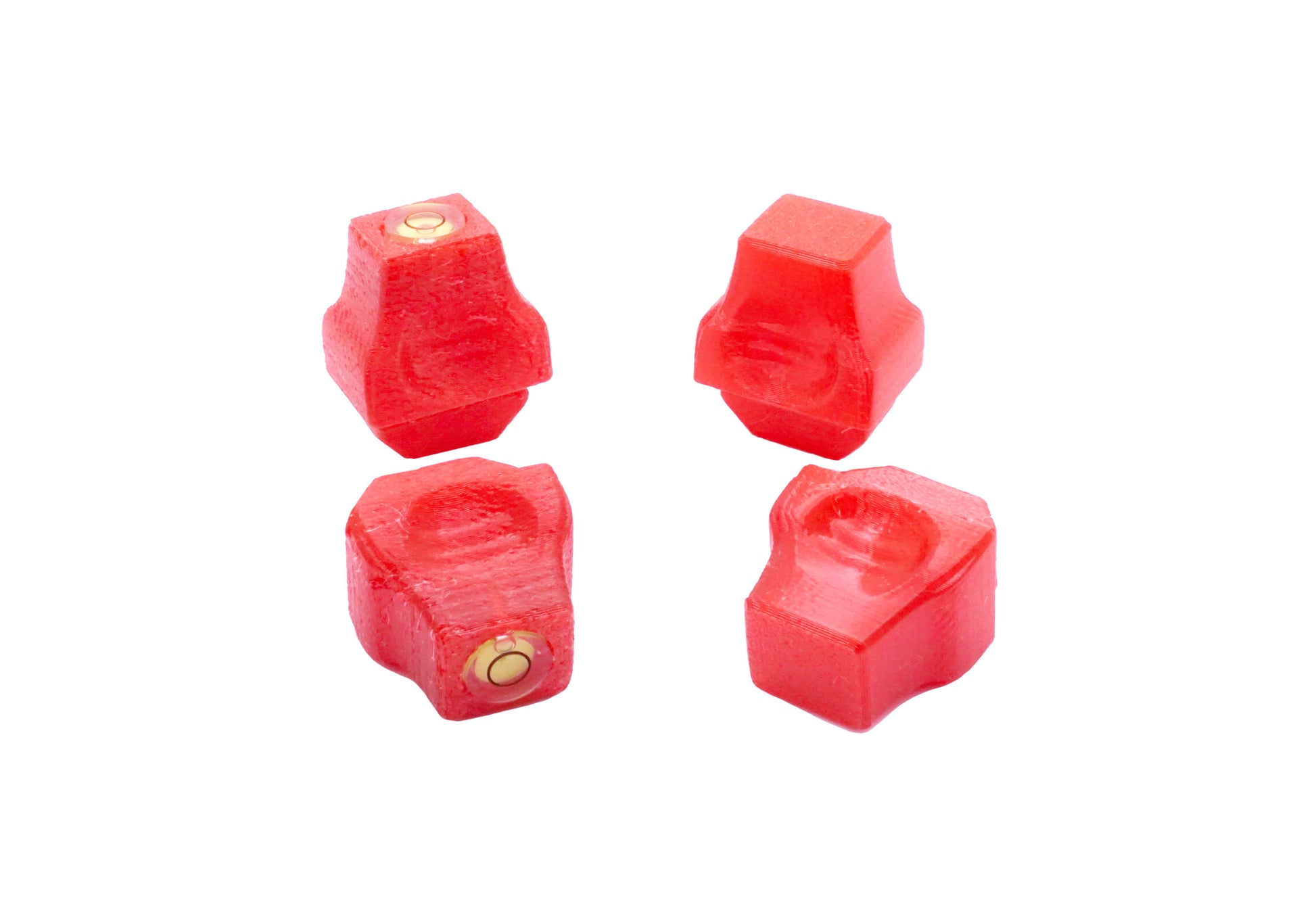 The Stadium Level Locks for Beyblade X stadiums shown in red. With two having levels and two without levels. These will work for both Takara Tomy and Hasbro stadiums
