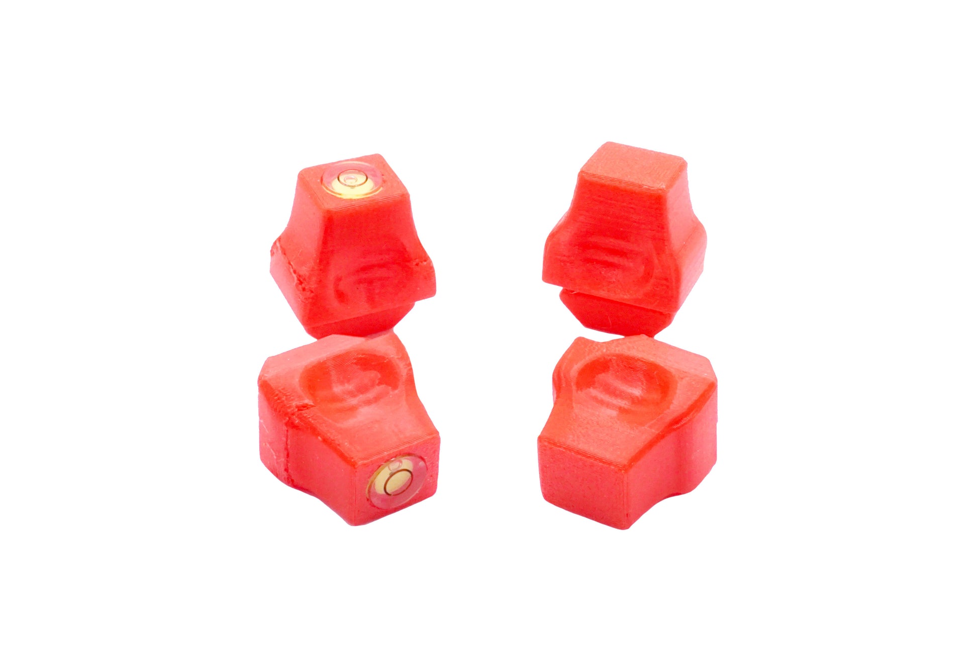 The Stadium Level Locks for Beyblade X stadiums shown in cherry. With two having levels and two without levels. These will work for both Takara Tomy and Hasbro stadiums