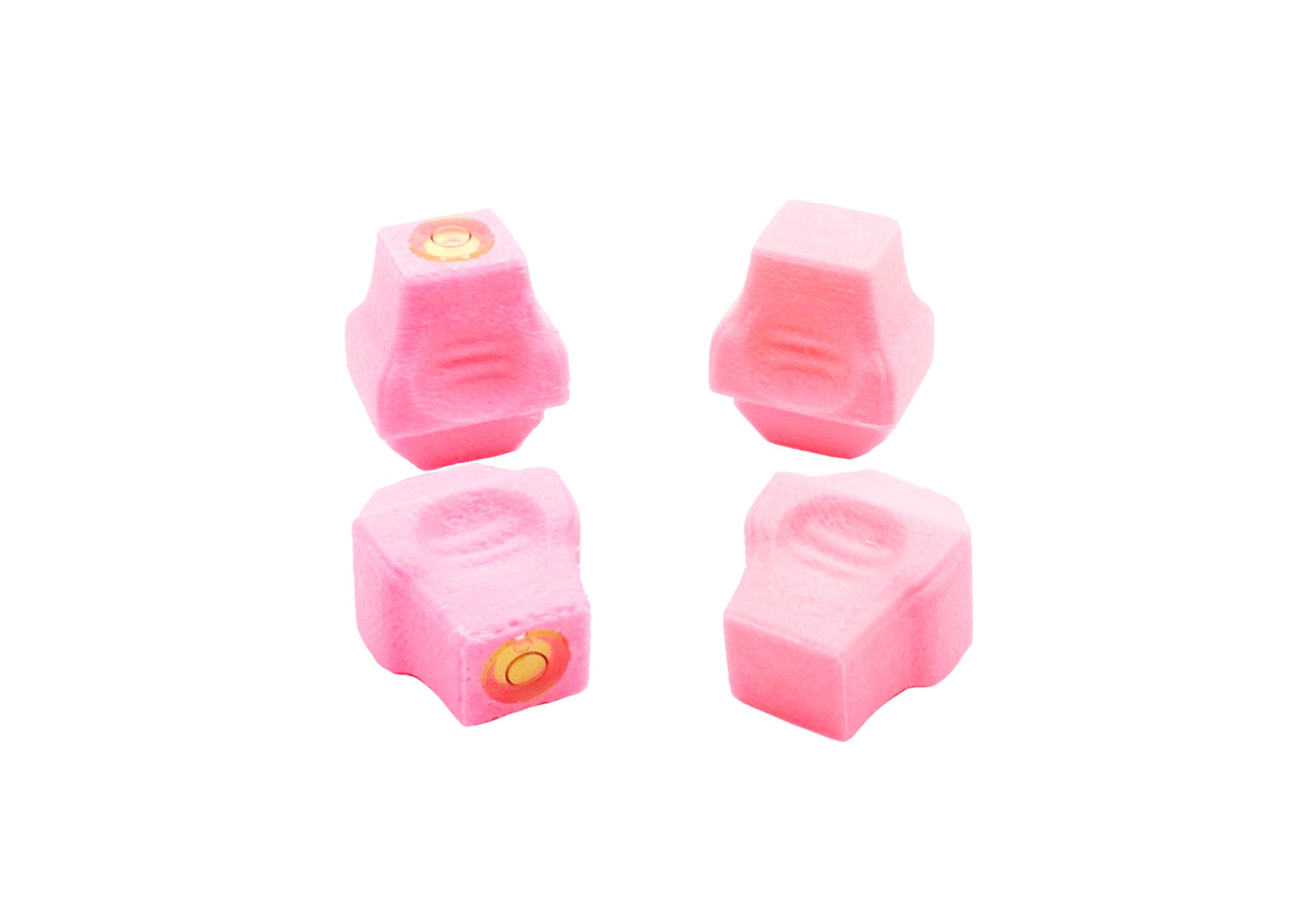 The Stadium Level Locks for Beyblade X stadiums shown in pink. With two having levels and two without levels. These will work for both Takara Tomy and Hasbro stadiums