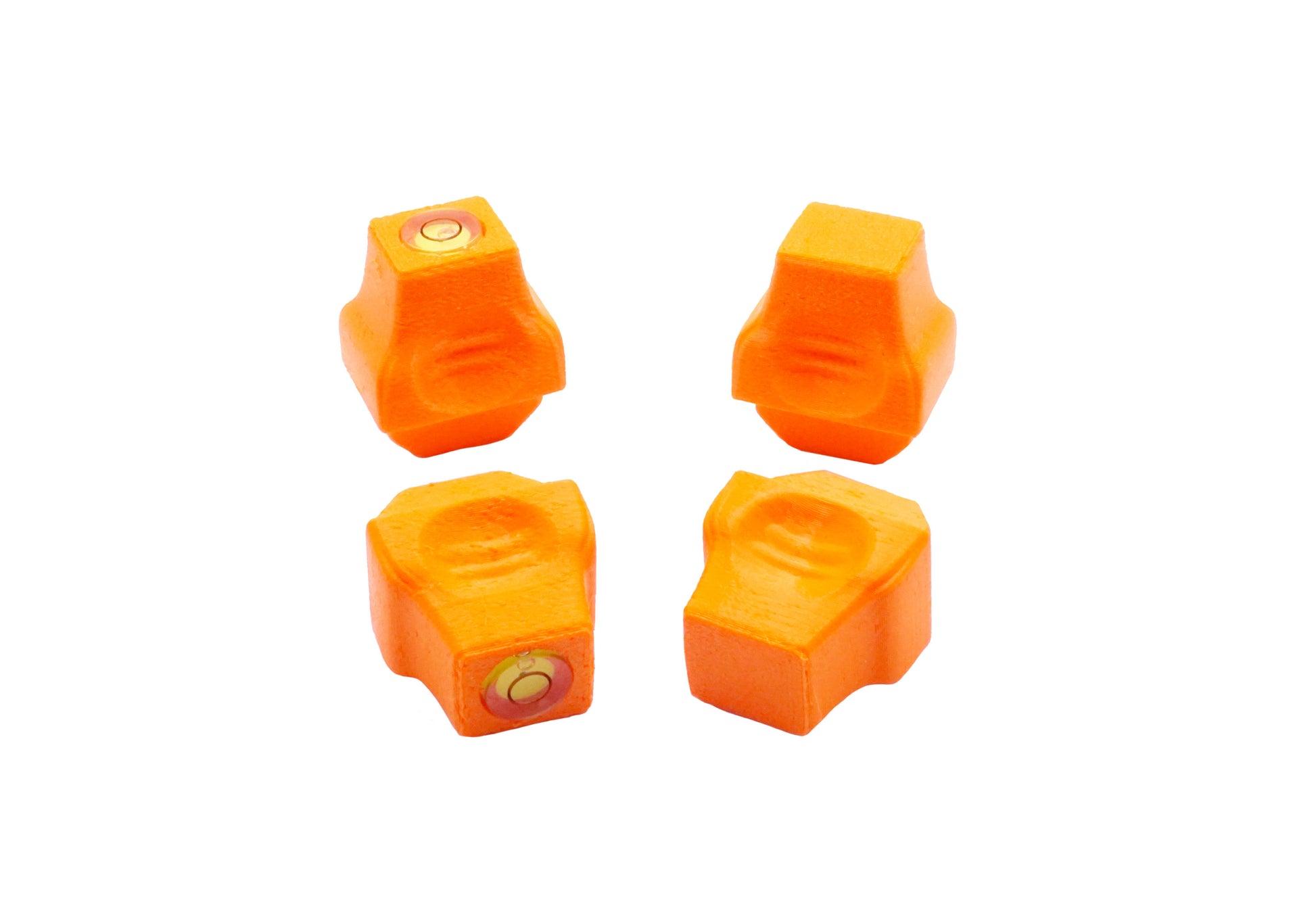 The Stadium Level Locks for Beyblade X stadiums shown in orange. With two having levels and two without levels. These will work for both Takara Tomy and Hasbro stadiums
