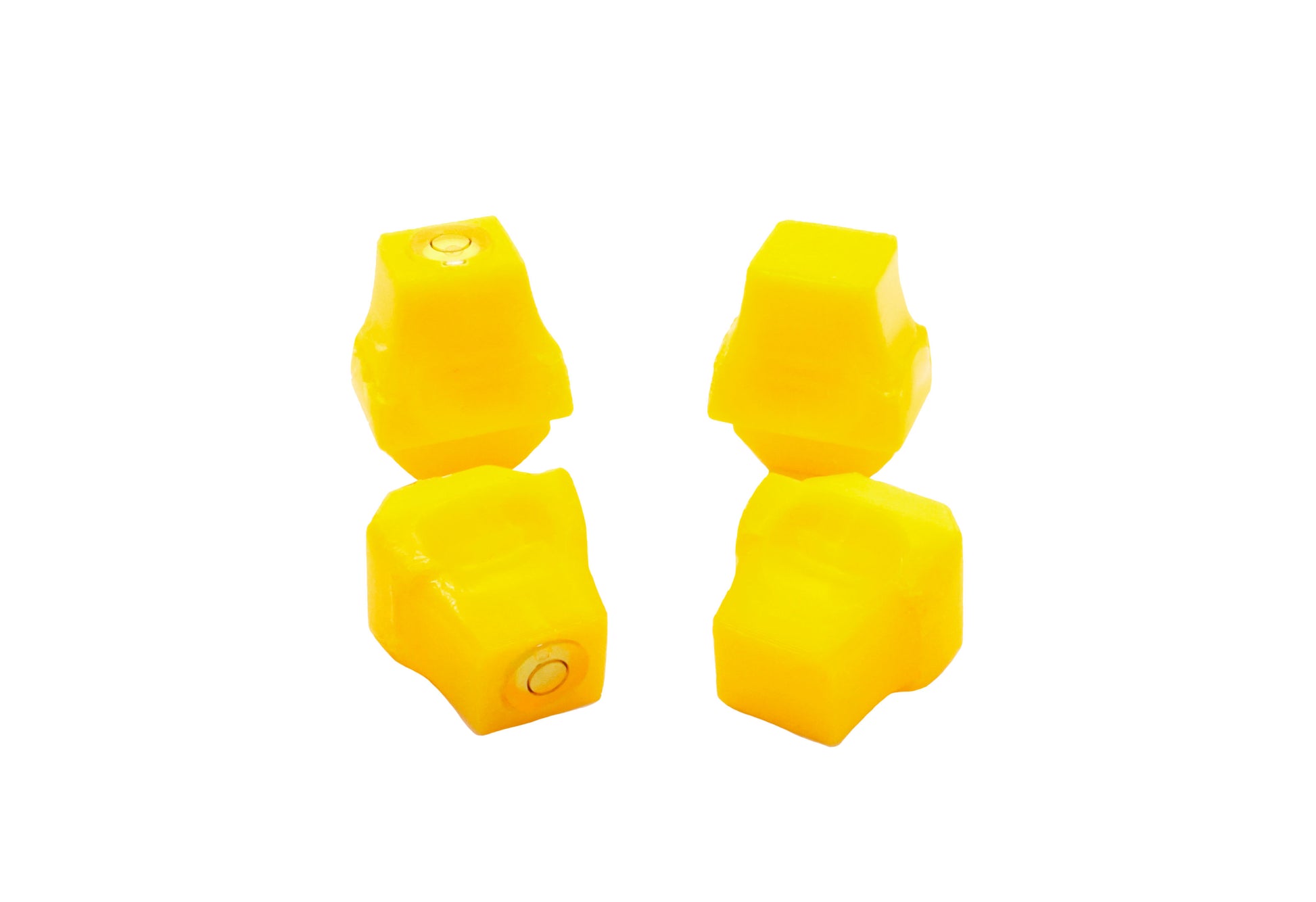 The Stadium Level Locks for Beyblade X stadiums shown in yellow. With two having levels and two without levels. These will work for both Takara Tomy and Hasbro stadiums