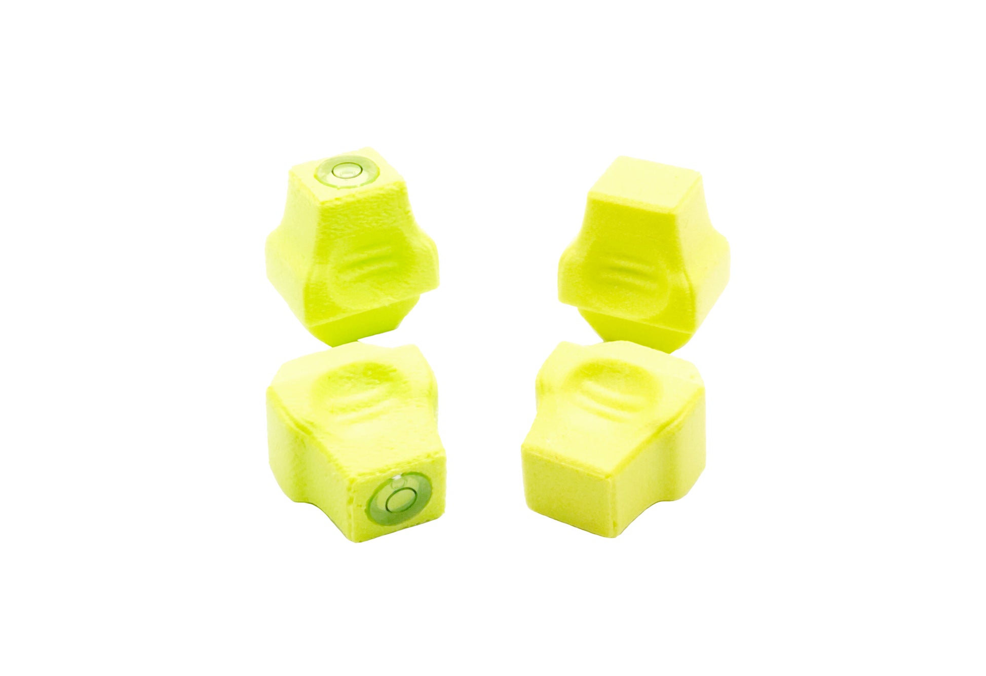 The Stadium Level Locks for Beyblade X stadiums shown in lime. With two having levels and two without levels. These will work for both Takara Tomy and Hasbro stadiums