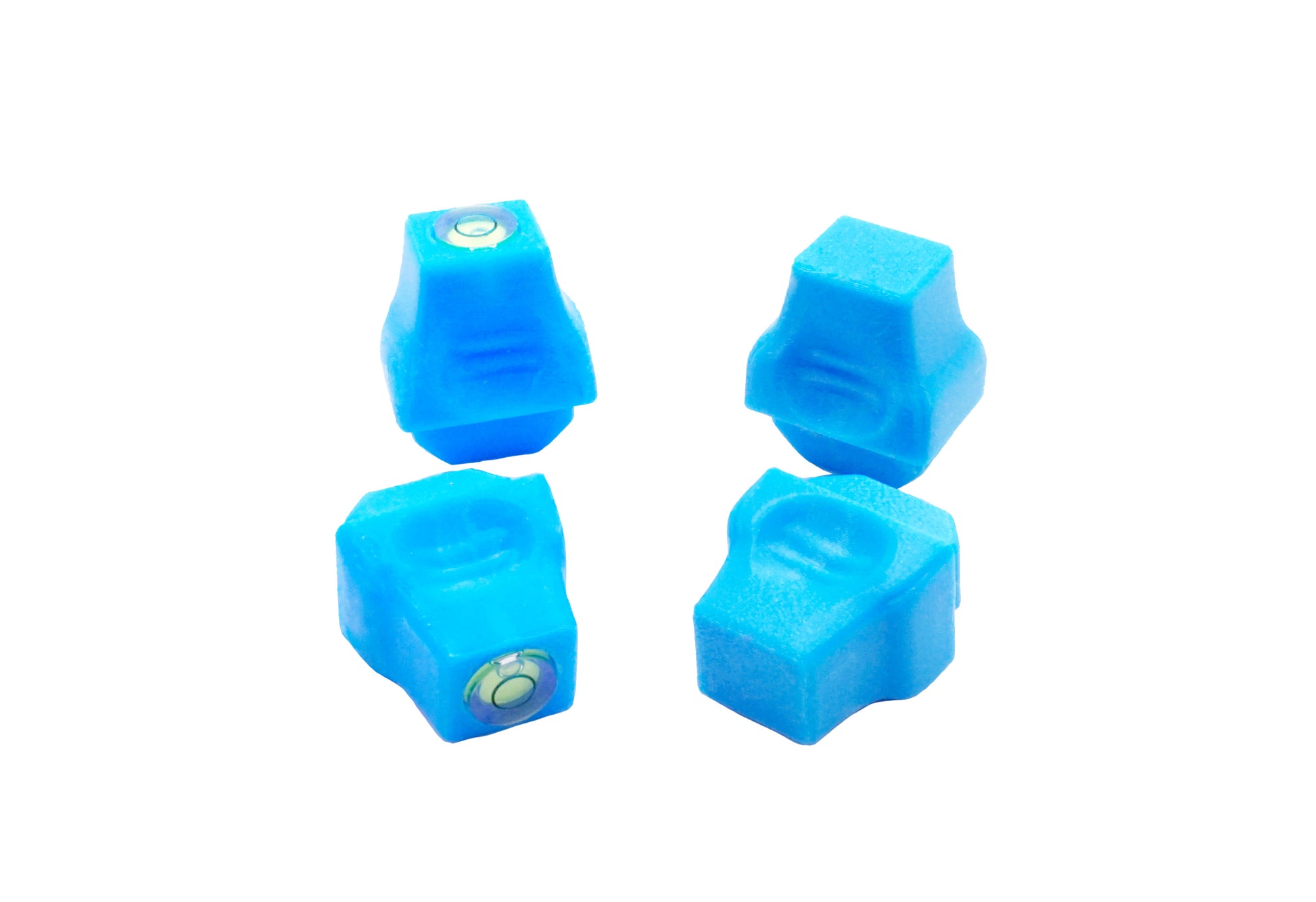 The Stadium Level Locks for Beyblade X stadiums shown in sky blue. With two having levels and two without levels. These will work for both Takara Tomy and Hasbro stadiums