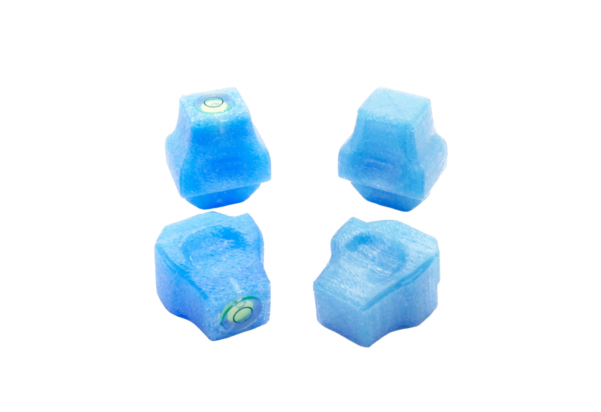 The Stadium Level Locks for Beyblade X stadiums shown in blue. With two having levels and two without levels. These will work for both Takara Tomy and Hasbro stadiums