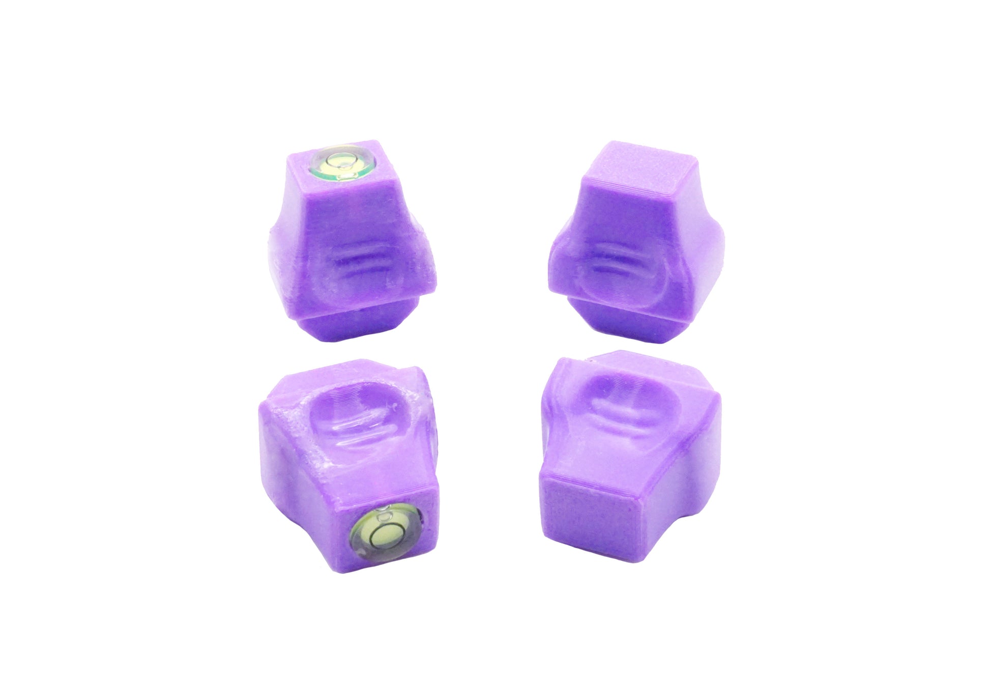 The Stadium Level Locks for Beyblade X stadiums shown in purple. With two having levels and two without levels. These will work for both Takara Tomy and Hasbro stadiums