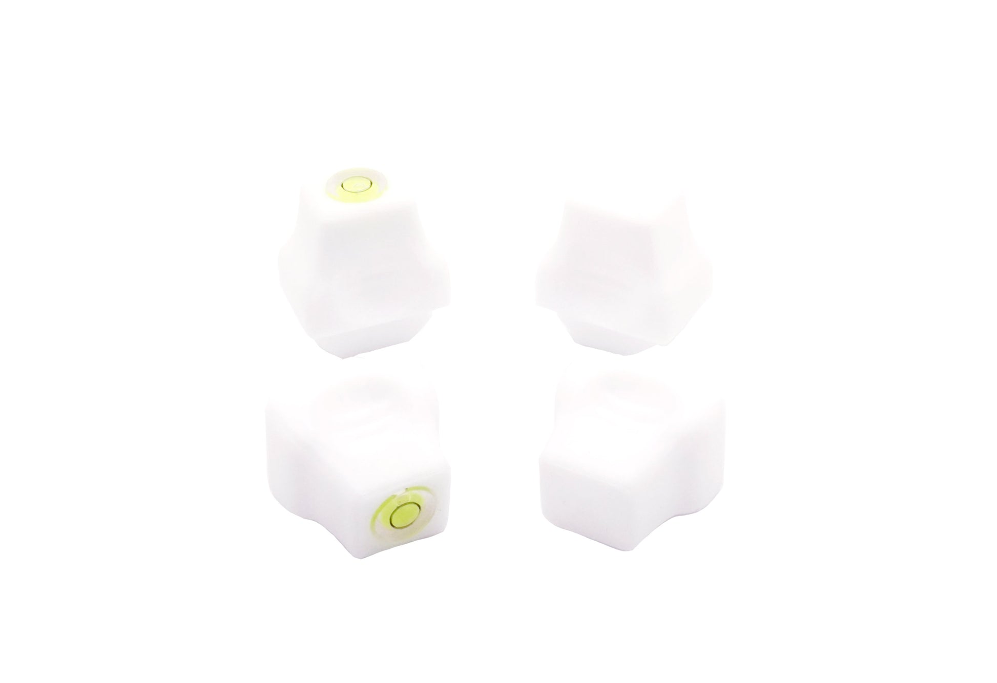 The Stadium Level Locks for Beyblade X stadiums shown in white. With two having levels and two without levels. These will work for both Takara Tomy and Hasbro stadiums