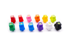 The Stadium Level Locks for the Beyblade X stadiums by Takara Tomy or Hasbro. Showing all available colors for the Level Locks, red, cherry, pink, yellow, lime, green, sky blue, blue, purple, white, and black.