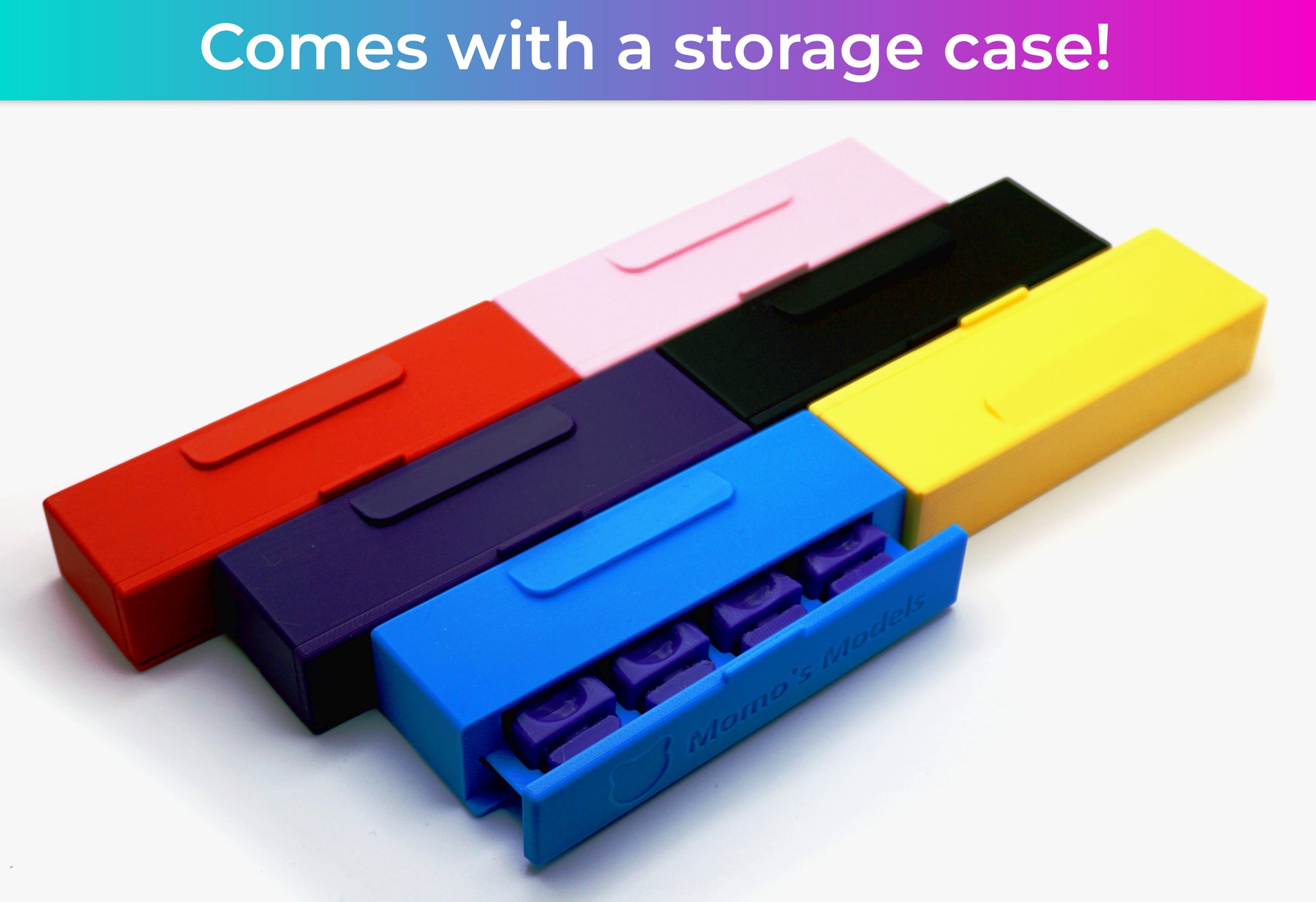 Showing a few color options for the storage case that is included with the Stadium Level Locks for Beyblade X. Shown colors include red, pink, purple, black, sky blue, and yellow. The sky blue case is slightly open showing the purple Level Locks inside