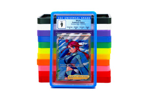 The CGC Card Slab Protector in sky blue with Skyla from the Pokemon TCG. With the rest of the 11 colors shown behind it in a stack against a white background.