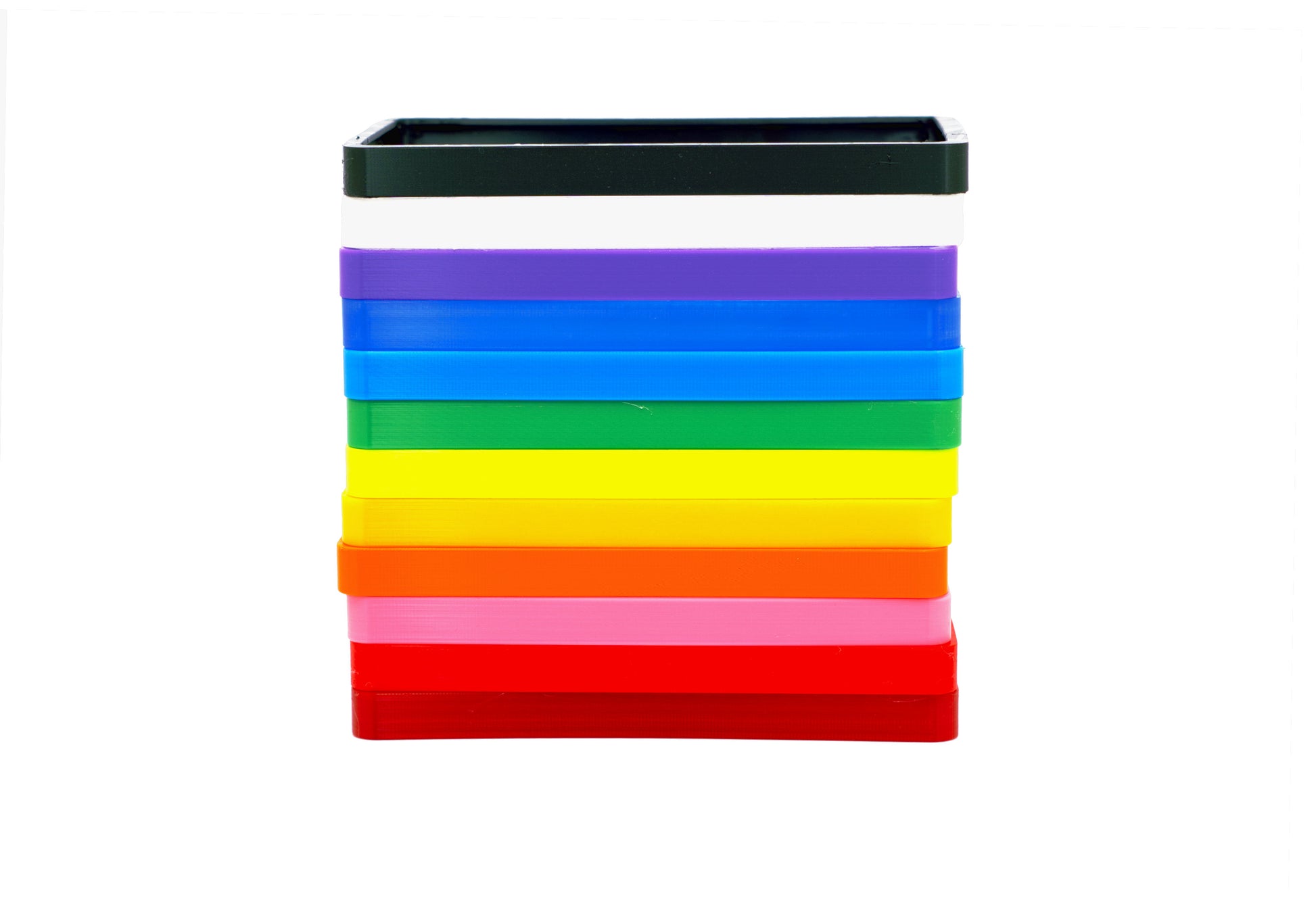 All 12 of the color options of the CGC Card Slab Protector shown. This includes Red, Cherry, Pink, Orange, Yellow, Lime, Green, Sky Blue, Blue, Purple, White, Black