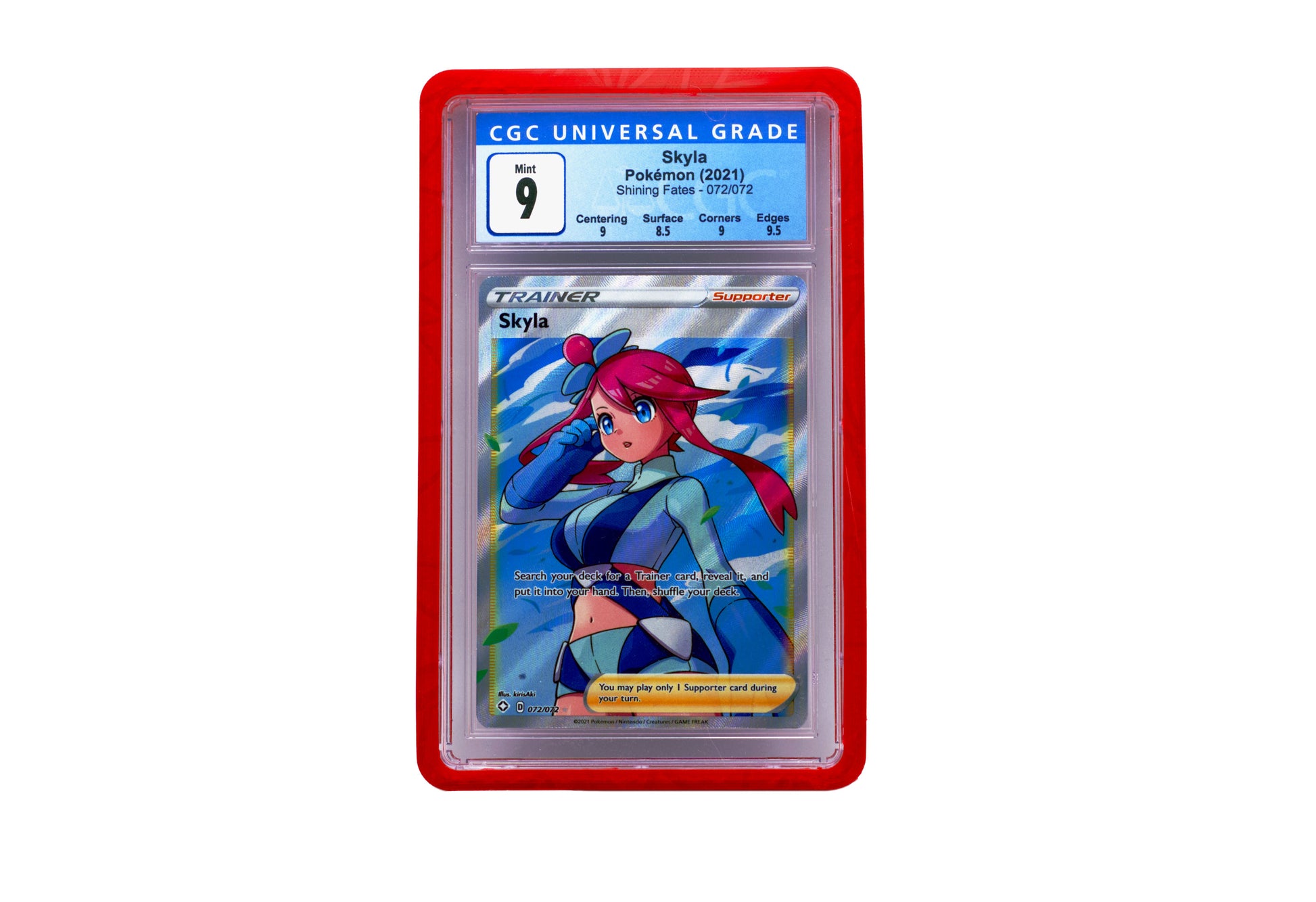 The red CGC Card Slab Protector shown with Skyla from the Pokemon TCG in it against a white background