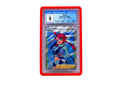 The cherry CGC Card Slab Protector shown with Skyla from the Pokemon TCG in it against a white background
