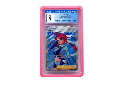 The pink CGC Card Slab Protector shown with Skyla from the Pokemon TCG in it against a white background