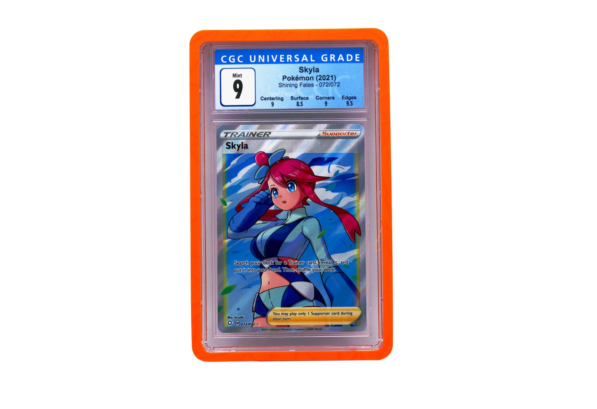 The orange CGC Card Slab Protector shown with Skyla from the Pokemon TCG in it against a white background