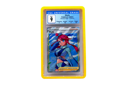 The yellow CGC Card Slab Protector shown with Skyla from the Pokemon TCG in it against a white background