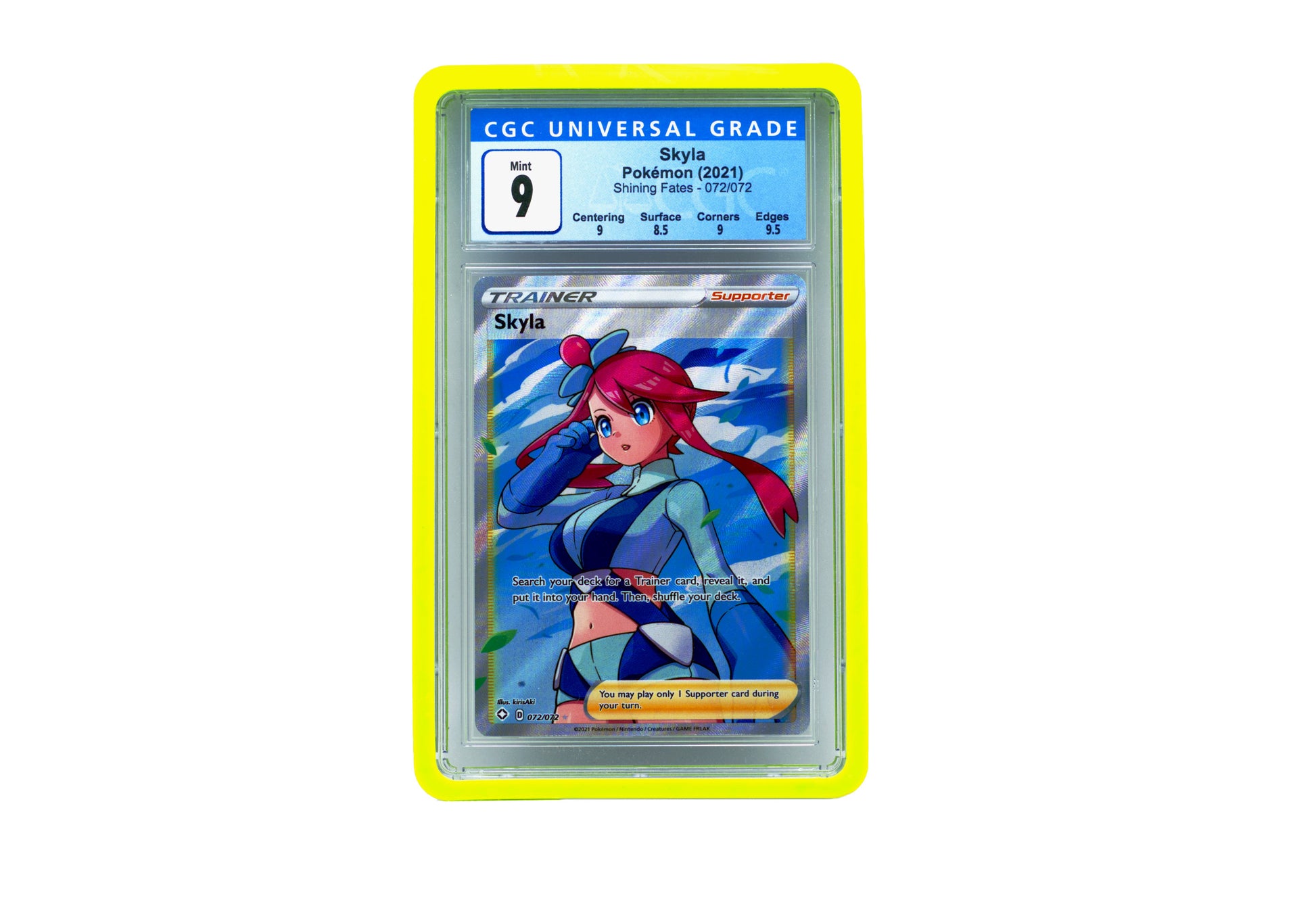 The lime CGC Card Slab Protector shown with Skyla from the Pokemon TCG in it against a white background
