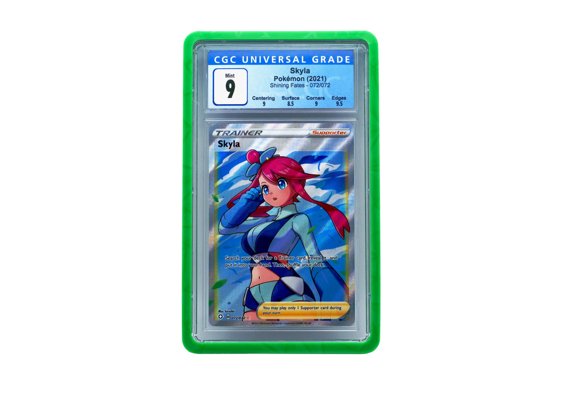 The green CGC Card Slab Protector shown with Skyla from the Pokemon TCG in it against a white background